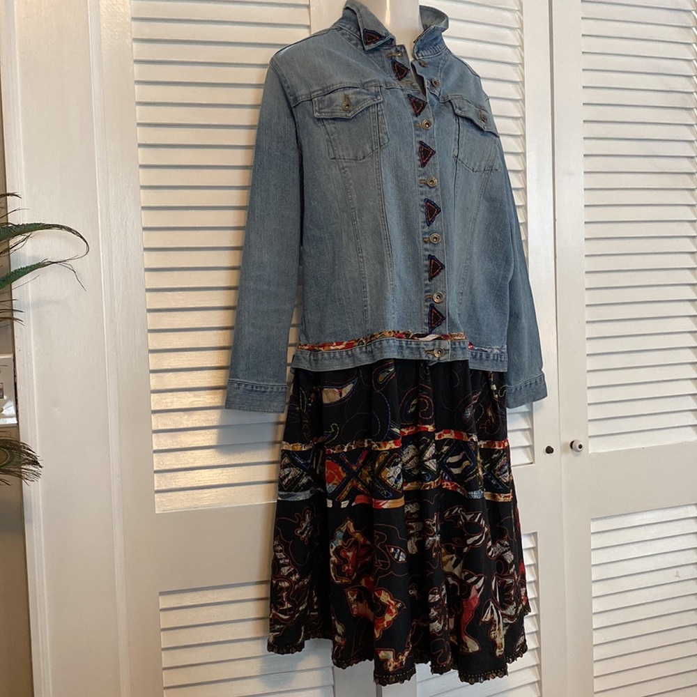 Upcycled long denim duster / jean jacket OOAK Reworked tiered appliqué boho